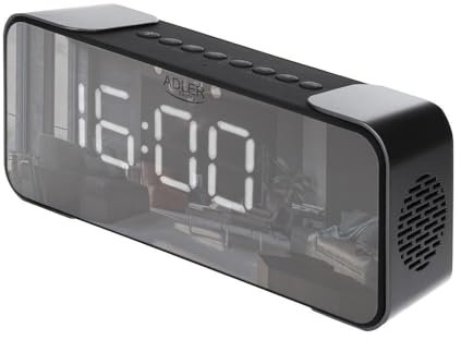 ADLER EUROPE AD 1190 Kabelloser Radiowecker - FM, 3 Weckermodi, LED-Display, Bluetooth 5.0, AUX/SD, 1800 mAh Akku, Spiegeloberfläche, 24/12-Stunden-Uhr, Silber/Schwarz