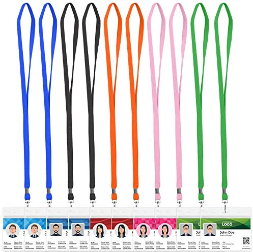Ausweishülle mit Band,HOMEMARS 10 Stück Kartenhülle mit Band (Lanyard), 10 Stück Schlüsselband, Rosa, Grün, Orange, Schwarz, Blau, 10 Stück Kartenhüllen Transparent für Ausweishülle, Scheckkartenhülle