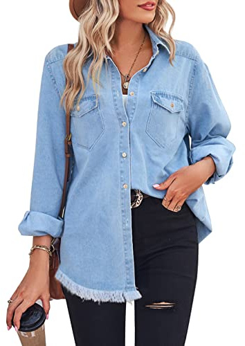 Zilcremo Damen-Jeanshemd, Chambray-Kragen, langärmelig, Tasche, Knopfleiste, Blusen, Blau, Mittel