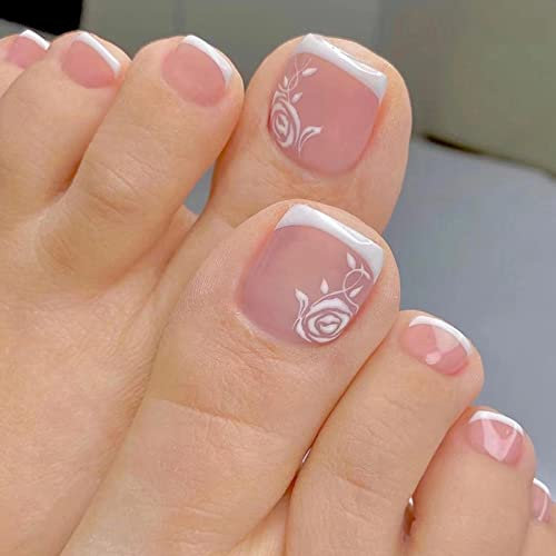 24 Pièces Faux Ongles D'orteil Carré Court Faux Ongles pour Orteil French Ballerine Acrylique Couverture Complète Capsules Ongles Pied avec Autocollants Adhesif pour Femmes Filles (Blanc Rose)