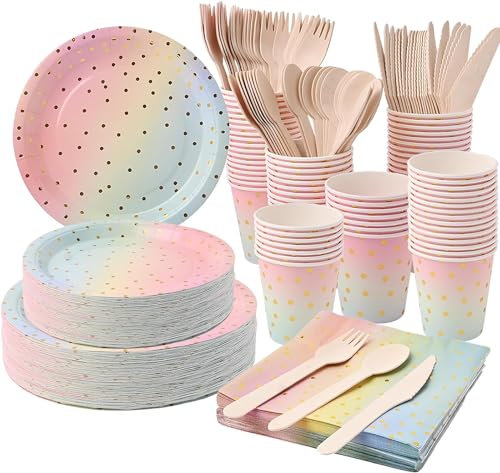 210 Pcs Pastel Party Supplies, Gold Dot Disposable Dinnerware Set - Rainbow Dessert Paper Plates Napkins Cups & Wood Forks Knives Spoons for Wedding Girl Birthday Party, Serves for 30