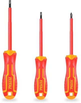 TOTAL - Juego de 3 Destornilladores Aislados - Para Trabajos Eléctricos - Cromo Vanadio - Certificación Estándar VDE - Punta imantada - Incluye destornilladores SL4, SL5 y PH2