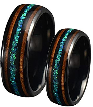Gualiy Edelstahl Eheringe, Eheringe für Sie Und Sie 8mm Schwarz Ring Einlegen Opal und Holz Größe 52 (16.6)-67 (21.3)