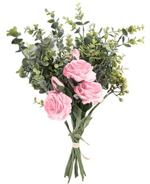 Fnjuucw Künstliche Blumen Rosen Eukalyptus Kunstblumen Pflanzen Deko Blumenarrangements für Hochzeit Dekoration Tisch Mittelstücke (Rosa)
