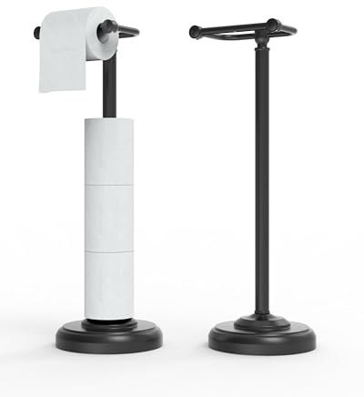 WZRUA Black Toilet Roll Holder Free Standing, Stainless Steel Toilet Roll Holder Stand, Double Post Pivoting Toilet Paper Holder Standing, Anti-slip Weighted Pedestal