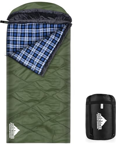 AGEMORE Baumwolle Flannel Schlafsack mit Fleece Futter Kapuze, wasserdicht XL Schlafsack für Erwachsene, 3-4 Jahreszeiten kaltes Wetter Schlafsack für Camping, Backpacking oder Reisen