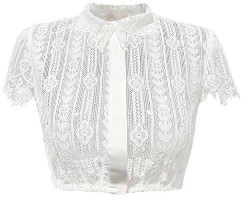 Kelliar Dirndl Bluse Damen, Dirndl Bluse Kurzarm Dirndlbluse Weiß Trachtenblusen Hochgeschlossen Trachtenblusen Spitze Flügelärmel Trachtenbluse Damen Elegante für Oktoberfest, Größe34