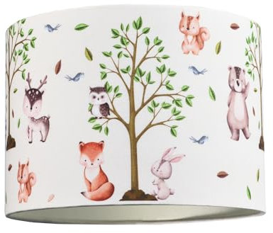 Happy Homewares Cute Woodland Animals Round Lamp Shade in Cotton Fabric - Treed Foxes Owls and Rabbits | 25cm Diameter | 60w Maximum | Inner Cream Cotton Lining
