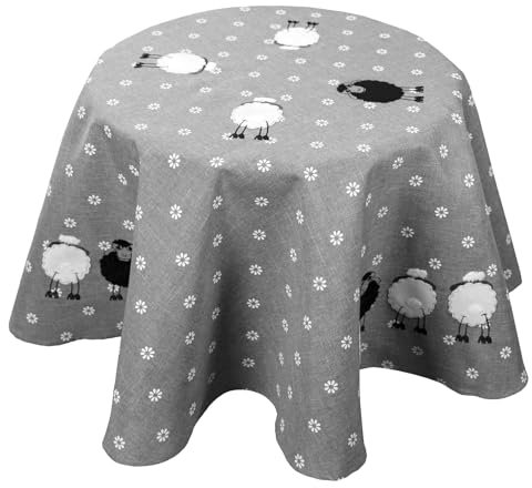Tischdecke Schwarzes Schaf Ostern Deko Tischwäsche mit Applikation Leinen-Optik Bestickt Osterdeko Gedeckter Tisch Tischdeko Typ885 Mitteldecke rund 150 cm grau