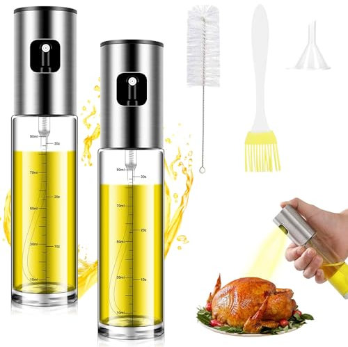 GEGNNS 2 Pulverizador Aceite Cristal Spray de Acero Inoxidable 100ml, Pulverizador, Aceitera Vaporizador De Aceite de Oliva, Spray Aceite para Freidora de Aire con Cepillo de Aceite,Limpiador