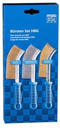 PFERD Handbürsten Set HBG 3-teilig |mit je 1x Handbürste mit Besatzmaterial Stahldraht (vermessingt), Edelstahldraht und Messingdraht |Durchmesser Drahtbesatz: 0,30 mm | 43900005