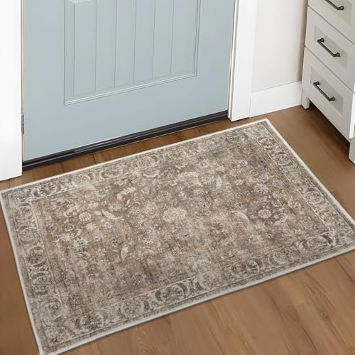 TALETA Fußmatte innen waschbare, dünn Fussmatte bunt, Kleiner Teppich Vintage Bettvorleger rutschfest für Schlafzimmer, Haustür, Küche, Ecke, Vor dem Bett - braun, 50 x 80 cm