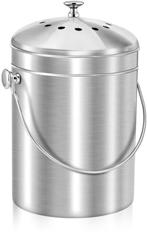 ENLOY Cubo de abono para encimera de cocina, contenedor de abono de acero inoxidable de 1.3 galones para interiores con tapa, cubo de residuos de alimentos sin olor con filtro de carbón, cubo de
