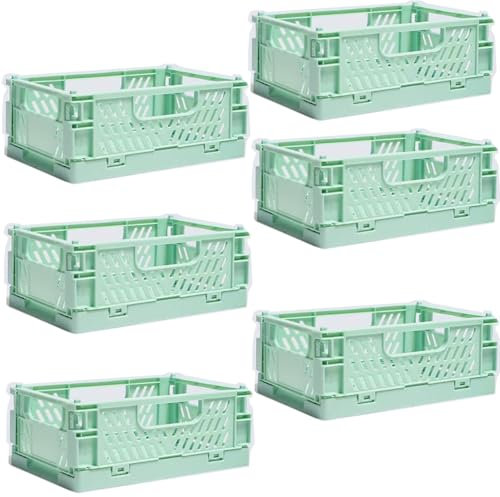 6 Caisse Pliable Plastique, Empilable Cagettes Plastique Pliable Paniers Rangement avec Poignée Panier Rangement pour Chambre à Coucher Bureau Cuisine (Vert, 15×10×6cm)