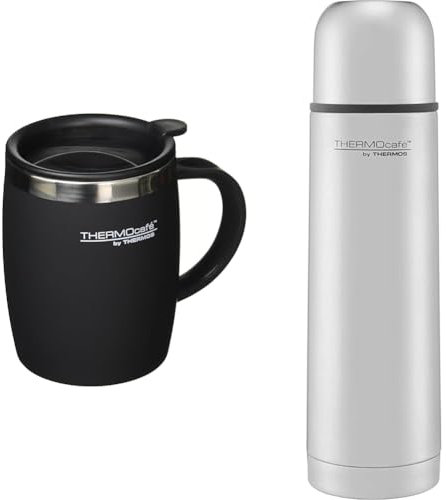 ThermoCafé by Thermos 105102 Desk Mug, Stainless Steel/Plastic, Soft Touch Black, 14 x 9 x 12 cm, 1 Count (Pack of 1) & Thermos Thermo Cafe S/S Flask - 181109, Silver, 0.5 Litre