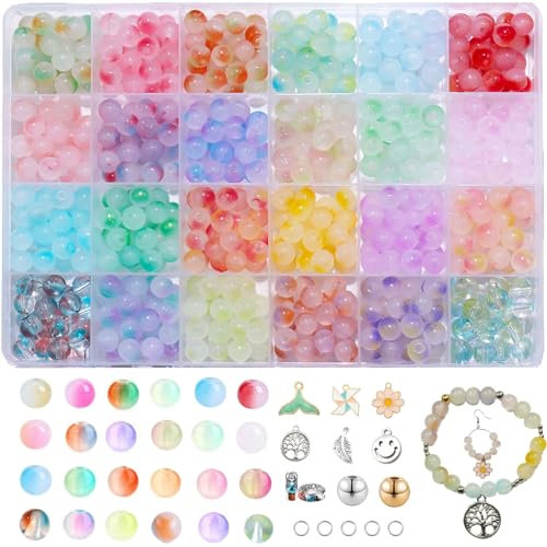 BLAESIFF 8mm Perles de verre pour Bracelet, 24 couleurs Perles en Verre Pierre Naturelle pour la Fabrication de Bijoux, Perles en Cristal, Perles Rondes Cristal avec Trou Kit (743 pcs)