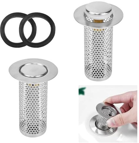 ADERTOS 2 Stück Abflussfilter Waschbeckenstöpsel Edelstahl Waschbecken Stöpsel Pop Up Ablaufgarnitur Stöpsel zum Drücken Ablaufventil mit Anti Clogging Sieb Abflusssieb für 34-38mm, Tiefe>8cm Loch