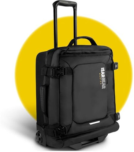 Isar Gear® Handgepäck Koffer klein mit 2 Rollen (50x35x20cm) - Leichter Reisekoffer 20 aus Stoff - Reisetrolley als Handgepäck - Weichschalenkoffer (Softcase Stoffkoffer) in Schwarz mit Rollen