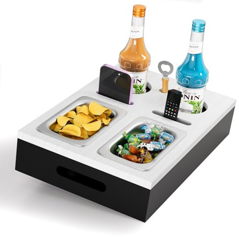 Couchbar, Sofa Organizer auf dem Beistelltische Couchtisch, Couchbar Holz als Bier Geschenke für Männer, Sofatablett Mit Zwei Snackschalen und Mehrere Lagerplätze (Weiß)