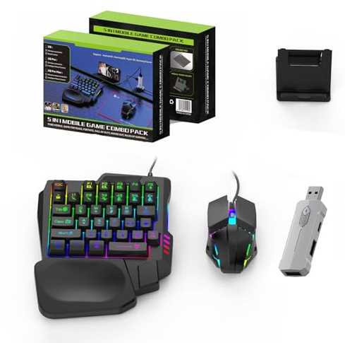 Zunate Ensemble clavier et souris de jeu demi-main, ensemble de clavier de jeu mobile 4 en 1 avec convertisseur de souris, support de téléphone réglable pour joueur PC