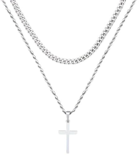 JEYORZY Collar Cruz Hombre Cruz Cadena Acero Inoxidable Plateada, Simple Joyería Regalos Cadena Collar Plata Oro Cadenas para Hombre