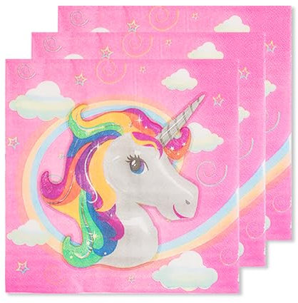ParPix 20 Stück Rosa Servietten Einhorn Deko, 33x33cm Regenbogen Einhorn Servietten Kindergeburtstag, Papierservietten Einhorn Tischdeko, Einhorn Party Servietten Geburtstag Mädchen Jungen