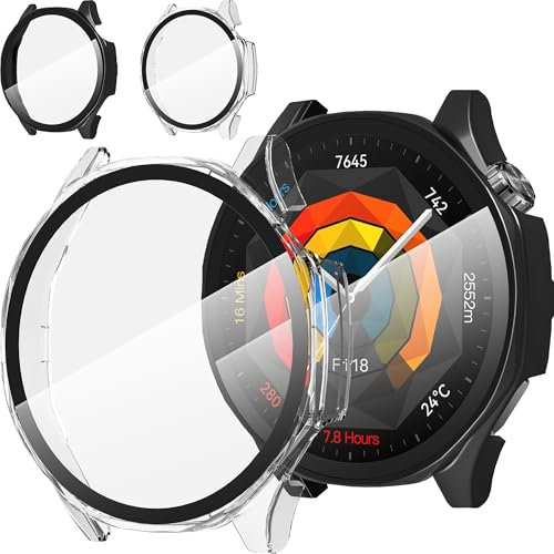 Diruite 2 Stück Schutzhülle für Huawei Watch GT 5 46 mm Hülle,Kratzfest HD Gehärtetes Glas PC Enge Passform Schutz Case,Schwarz&Transparent,46mm