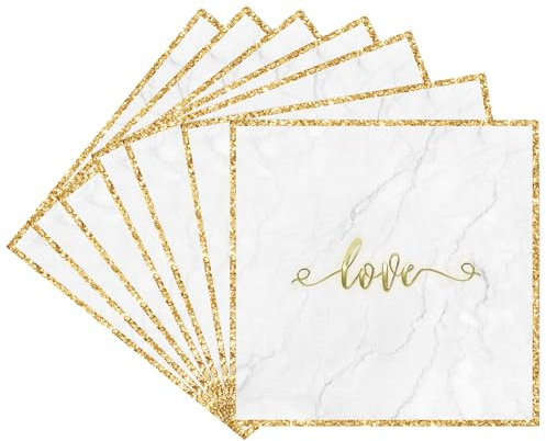 MORAINJAY 20 Stück Valentinstag Party Servietten Tischdekorationen,33x33cm Weiße Papierservietten mit Goldenen LOVE Druck,Farbige Cocktail Servietten für Hochzeit Jubiläen Geburtstag und Flitterwochen