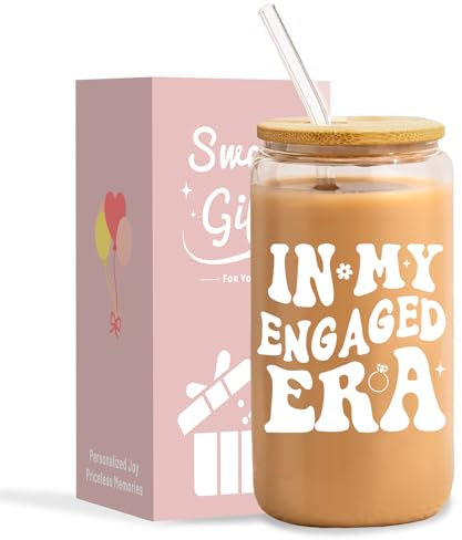 NOOMII Gifts for Women- Birthday Gifts for Women 16oz Iced Coffee Glass Cups with Bamboo Lids and Straws- Ideal Iced Coffee Gift Set for Friend Mum Wife Colleagues (Engaged)