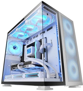 Mars Gaming MC-NOVA2, Gaming-Gehäuse Custom XXL E-ATX, Durchgehendes Doppelt Getempertes Glas Ohne Rahmen, Volle Unterstützung Flüssigkeitskühlung, Luftfahrt-Aluminium 2mm, Doppelkammer, USB-C, Weiß