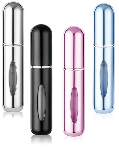 LOMSUXA Lot de 4 vaporisateurs de parfum 5 ml rechargeables, mini vaporisateur de parfum rechargeable, vaporisateur de colonie rechargeable, mini parfum sans fuite, idéal pour les fêtes, les voyages