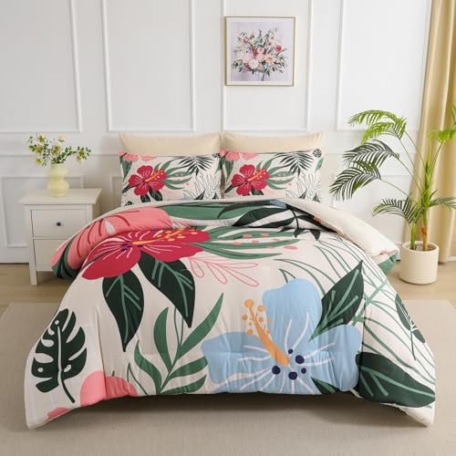 Yogeneg 7-teiliges Bett-in-Beutel-Bettwäsche-Set für King-Size-Betten, beige, Blumenmuster, grünes Blättermuster, wendbares Design, weiche Mikrofaser, Bettdecke mit Bettlaken-Set, für alle