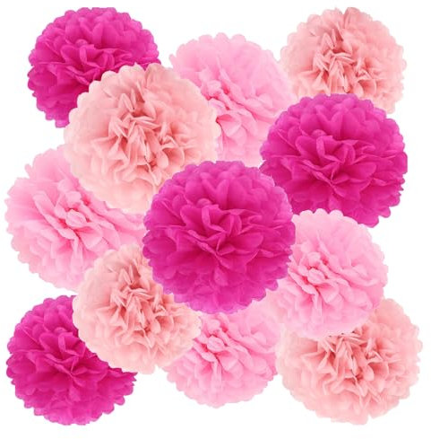 AOOTUERL Décoration de fête, 12 Pompons Fleurs Rose Décoration Pompoms Boule à Suspendre en Papier, pour carnaval mariage de famille mariée bébé douche mariage garçon fille fête d'anniversaire