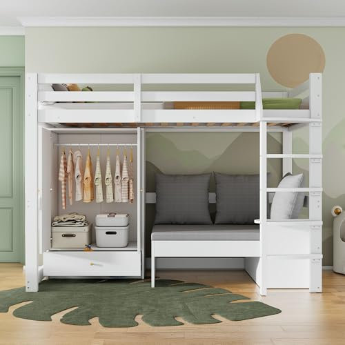 TOBIDOEN Multifunktionales Hochbett 90x200 mit Kleiderschrank und Leiter, Kinderbett Rausfallschutz mit Sicherheitszaun, Sofa mit DREI Kissen, Auflagen und Ablageboden, Massivholzbett, Weiß
