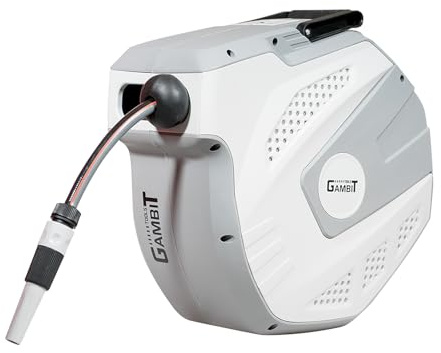 GAMBIT TOOLS Wasserschlauchaufroller, 25m Länge, 1/2 Zoll Anschluss, mit Wandhalterung und Automatischer Aufrollmechanik, Weiß/Grau