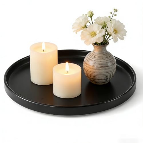 8.8 Black Ceramic Round Tray - Vanity Trays for Bathroom Counter, Soap Tray for Kitchen Counter, Coffee Table Decor, Candle, Perfume, Plant.