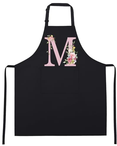Livdouyu Damen Initialen Küchenschürze Mit Taschen | Verstellbare Küchenschürze, 70x80cm, für Küche Kochen Backen, Geschenk für Freundin Frauen Mama Oma
