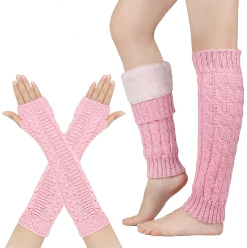 Warme Stulpen & Armwärmer Damen Plush,Winter Crochet Strick Bein Stulpen Kniestrümpfe,Beinwärmer Warm Und Bequem Langer Beinwärmer Crochet Stricken Für Ballett, Tanz, Sport Rosa