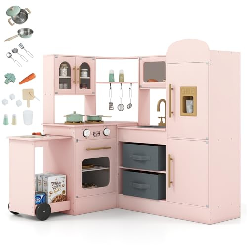 HOMASIS Cucina d'angle avec Chariot Coulissant, Lumière et Son, Cuisine Jouet en Bois avec Four, Micro-Ondes, Machine à Glaçons, Cuisinière, pour 3+ Ans (Rose)