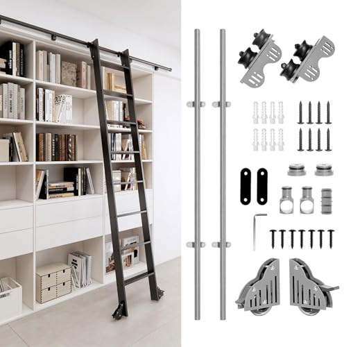 Rollbares Bibliotheks-Leitersystem mit ausziehbarer Leiter (ohne Leitern), runde Schiene + teleskopierbare obere Rolle, vielseitig einsetzbar für Bücherregale Schränke(400cm Gleisbausatz)