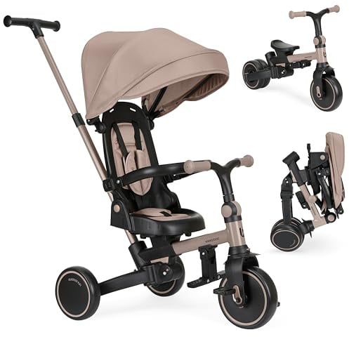 KikkaBoo 8-i-1 ALUMA trehjuling, evolutionär hopfällbar barnvagn, vändbar sits, justerbar huva, aluminiumram, 5-punktsbälte, barncykel 1–5 år, beige