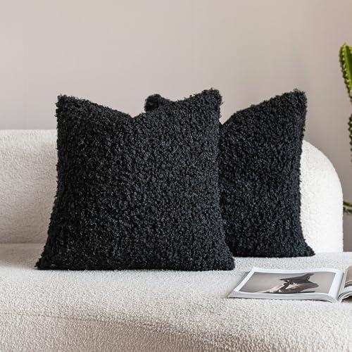 Neelvin 2er Set Dekorative Kissenbezug Teddy Wolle Künstlich Pelz Kissenbezüge Weiche Plüschkissen Kissenhülle Bouclé Zierkissenbezüge Sofakissen für Sofa Schlafzimmer Wohnzimmer 50x50cm Schwarz