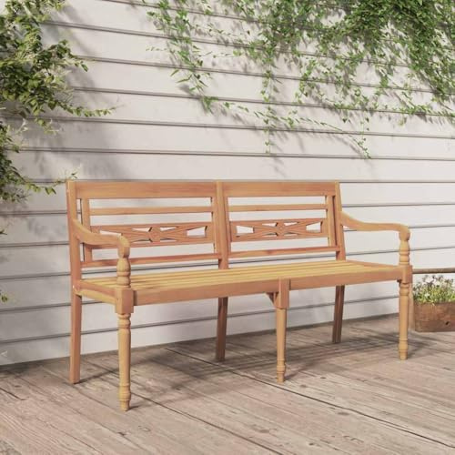 IBUQDDV Batavia-Sitzbank 150 cm Massivholz Teak mit geschwungenen Armlehnen und rustikalem Design für Garten und Terrasse, wetterbeständige Outdoor-Bank aus langlebigem Hartholz