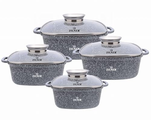 ZILNER Topfset 8-teilig, Marmor- & Keramikbeschichtung, Glasdeckel, Grau