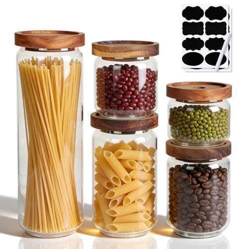 efuturetime Lot de 5 Bocaux en Verre Hermetiques avec Couvercle en Bois 1700ml/1000ml/750ml/500ml/350ml, Pot en Verre Empilables Bocaux de Rangement Cuisine pour Muesli, Céréales, Cornflakes, Thé