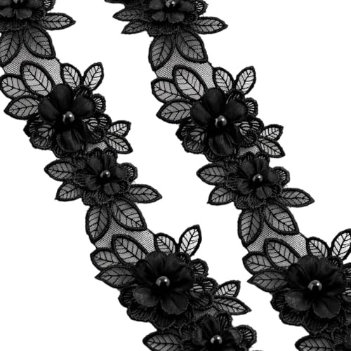 GSGFUIS 5.5 cm Breite Spitzenborte mit schwarzer Blume, Schwarzer Blumen-Spitzenbesatz zum Nähen, Florale Bestickte Applikation für Nähen, Basteln, DIY-Dekoration