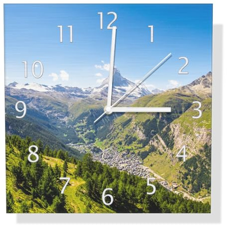 Wallario Design Wanduhr Sommerliches Alpenpanorama aus Aluverbund, Alu-Uhr Größe 30 x 30 cm, weiße Zeiger mit Metalloptik