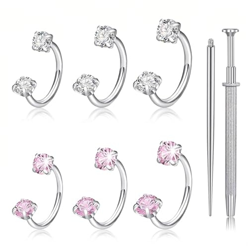 DASHUI 6 Stück Septum Piercing Hufeisen Piercing, 6-8 mm Nasenpiercing Ring mit Greifwerkzeug Set, Nasenring Doppelstein Horseshoe Form Halbring für Helix, Tragus, Labret Lippenpiercing Septum Ring