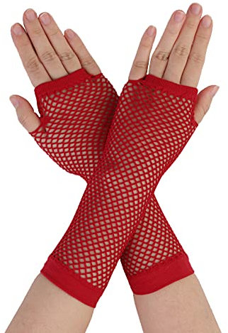 sourcing map Damen Fingerlose Netzhandschuhe farbig für 80er Jahre Kostüm Partybedarf Kostümzubehör rot Long-1Pair