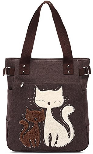 KAUKKO Canvas Handtaschen Niedliche Katzen Shopper Schultertasche Frauen Ideal Geschenk für Mädchen, Damen, Katzen Liebhaber, Kaffee-93